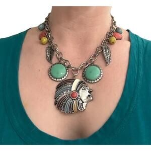 Vintage Southwest Style Charm Necklace Faux Turquoise Enamel Headdress Pendant -